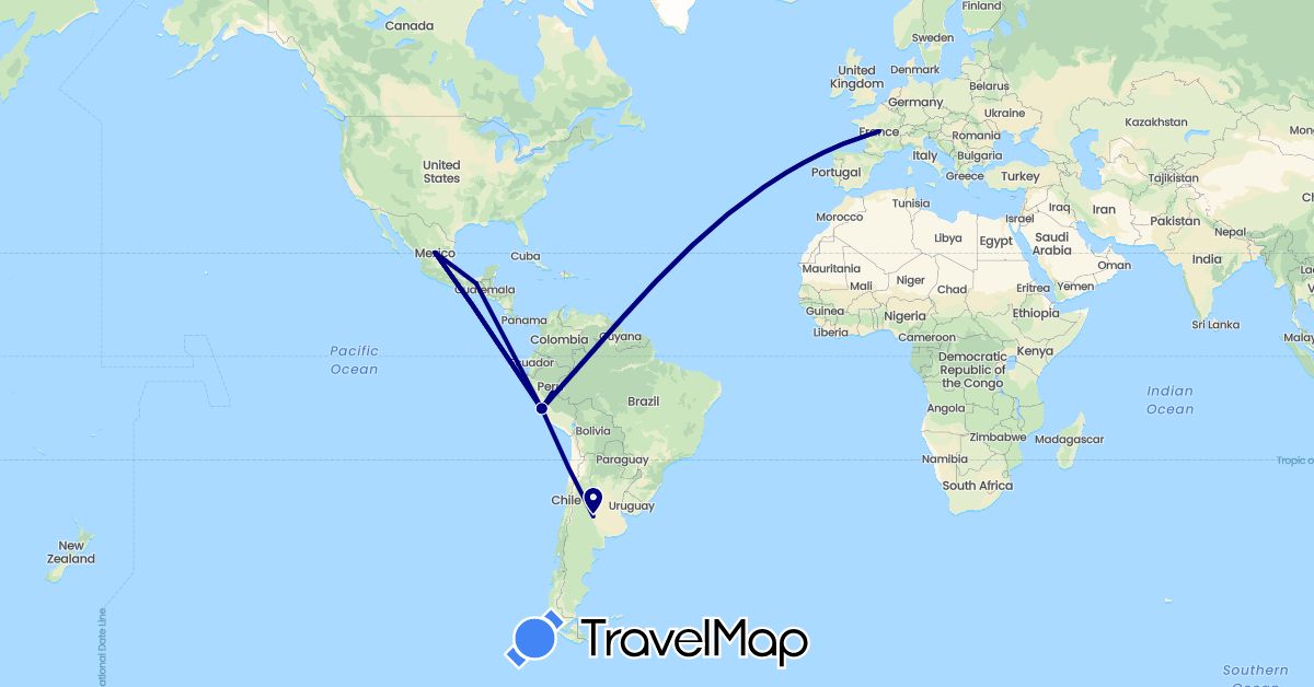 TravelMap itinerary: driving in Argentina, France, Mexico, Peru (Europe, North America, South America)
